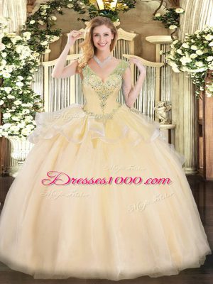 Floor Length Lace Up Sweet 16 Quinceanera Dress Champagne for Military Ball and Sweet 16 and Quinceanera with Beading