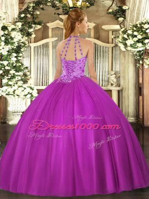 Great Floor Length Hot Pink Vestidos de Quinceanera Halter Top Sleeveless Lace Up