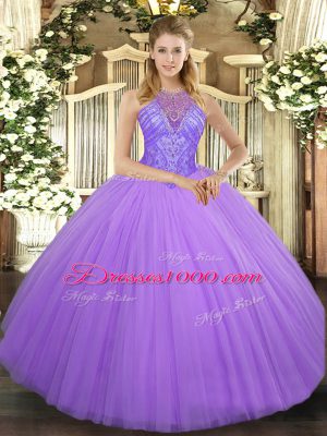 Lavender High-neck Neckline Beading Quinceanera Dresses Sleeveless Lace Up