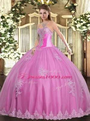 Dazzling Sleeveless Tulle Floor Length Lace Up Quinceanera Dresses in Rose Pink with Beading and Appliques