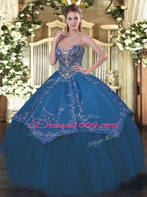 Sleeveless Taffeta and Tulle Floor Length Lace Up Sweet 16 Quinceanera Dress in Blue with Beading and Embroidery