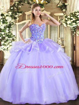 Lavender Ball Gowns Sweetheart Sleeveless Organza and Tulle Floor Length Lace Up Embroidery Vestidos de Quinceanera