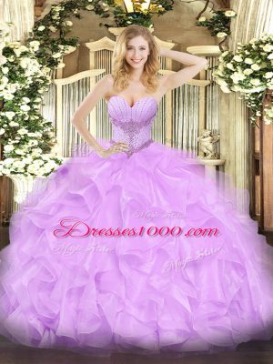 Lavender Sweetheart Lace Up Beading and Ruffles 15th Birthday Dress Sleeveless