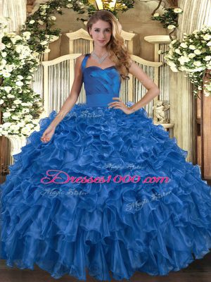 Low Price Blue Organza Lace Up Halter Top Sleeveless Floor Length Vestidos de Quinceanera Ruffles