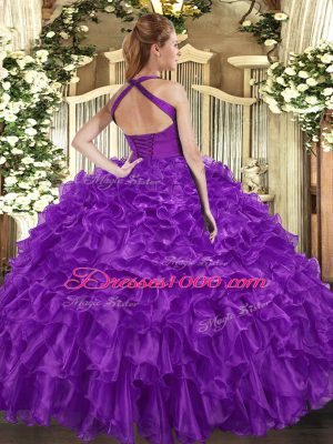 Low Price Blue Organza Lace Up Halter Top Sleeveless Floor Length Vestidos de Quinceanera Ruffles