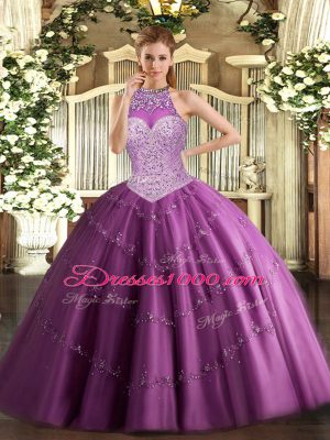 Smart Floor Length Fuchsia Quinceanera Gown Halter Top Sleeveless Lace Up