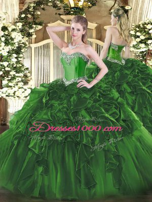 Dark Green Sweetheart Lace Up Beading and Ruffles Ball Gown Prom Dress Sleeveless