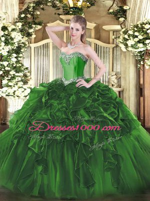 Dark Green Sweetheart Lace Up Beading and Ruffles Ball Gown Prom Dress Sleeveless