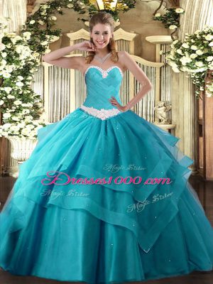 Noble Teal Sweetheart Neckline Appliques and Ruffled Layers Sweet 16 Dress Sleeveless Lace Up