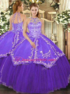 Purple Ball Gowns Satin and Tulle Halter Top Sleeveless Beading and Embroidery Floor Length Lace Up Ball Gown Prom Dress