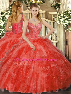 Red Ball Gowns Tulle V-neck Sleeveless Beading and Ruffles Floor Length Lace Up Ball Gown Prom Dress