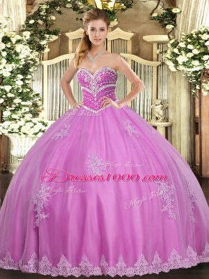 Fantastic Rose Pink Quince Ball Gowns Military Ball and Sweet 16 and Quinceanera with Beading and Appliques Sweetheart Sleeveless Lace Up