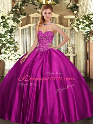 Elegant Floor Length Lace Up Ball Gown Prom Dress Fuchsia for Military Ball and Sweet 16 and Quinceanera with Beading