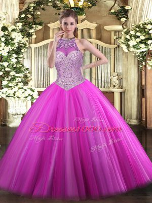 Noble Fuchsia Ball Gowns Tulle Halter Top Sleeveless Beading Floor Length Lace Up 15 Quinceanera Dress