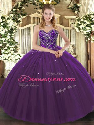 Dark Purple Sweetheart Neckline Beading 15th Birthday Dress Sleeveless Lace Up