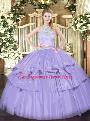 Lavender Two Pieces Lace and Ruffled Layers Quinceanera Gowns Zipper Organza Sleeveless Floor Length