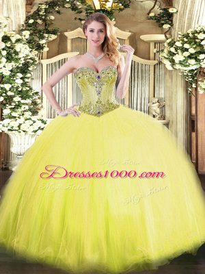 Affordable Yellow Ball Gowns Tulle Sweetheart Sleeveless Beading Floor Length Lace Up Quince Ball Gowns