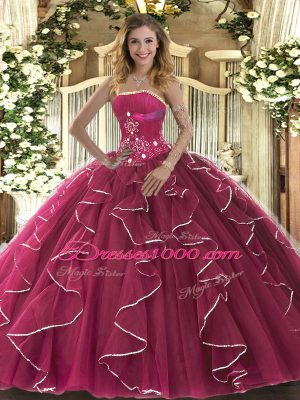 Fuchsia Ball Gowns Beading and Ruffles Sweet 16 Dress Lace Up Tulle Sleeveless Floor Length