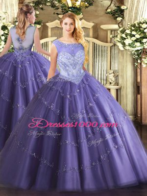 Noble Lavender Tulle Lace Up 15th Birthday Dress Sleeveless Floor Length Beading