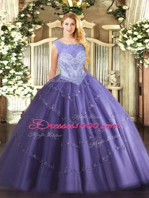 Noble Lavender Tulle Lace Up 15th Birthday Dress Sleeveless Floor Length Beading