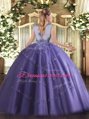 Noble Lavender Tulle Lace Up 15th Birthday Dress Sleeveless Floor Length Beading
