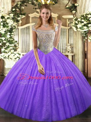 Lavender Off The Shoulder Lace Up Beading 15 Quinceanera Dress Sleeveless