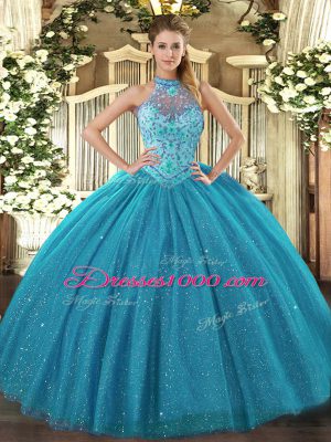 Wonderful Teal Ball Gowns Halter Top Sleeveless Tulle Floor Length Lace Up Beading and Embroidery Quinceanera Dresses