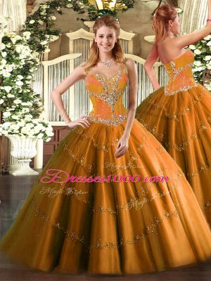 Attractive Orange Ball Gowns Beading Ball Gown Prom Dress Lace Up Tulle Sleeveless Floor Length