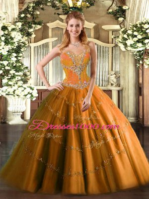 Attractive Orange Ball Gowns Beading Ball Gown Prom Dress Lace Up Tulle Sleeveless Floor Length