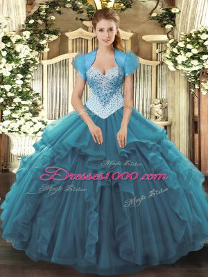 Top Selling Sleeveless Floor Length Beading and Ruffles Lace Up Sweet 16 Dresses with Teal