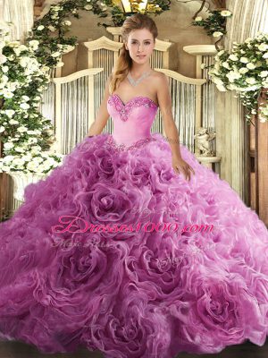Rose Pink Lace Up Sweetheart Beading Vestidos de Quinceanera Fabric With Rolling Flowers Sleeveless