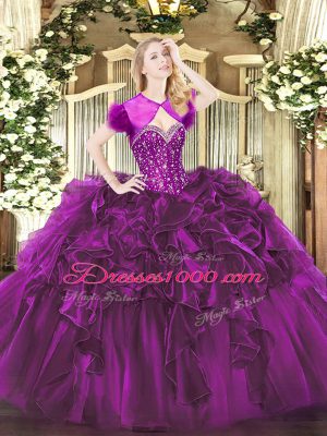Admirable Purple Sweetheart Neckline Beading and Ruffles Quince Ball Gowns Sleeveless Lace Up