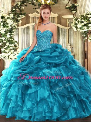 Teal Organza Lace Up Sweet 16 Dresses Sleeveless Floor Length Beading and Ruffles and Pick Ups