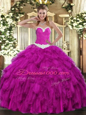 Glittering Floor Length Lace Up 15th Birthday Dress Fuchsia for Military Ball and Sweet 16 and Quinceanera with Appliques and Ruffles