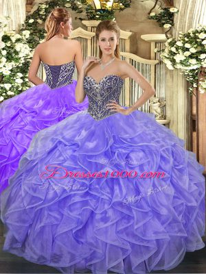 Best Sleeveless Organza Floor Length Lace Up 15 Quinceanera Dress in Lavender with Beading and Ruffles