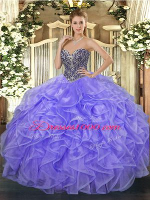 Best Sleeveless Organza Floor Length Lace Up 15 Quinceanera Dress in Lavender with Beading and Ruffles