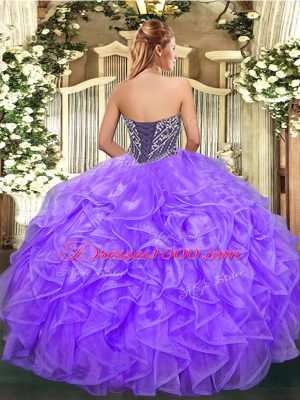 Best Sleeveless Organza Floor Length Lace Up 15 Quinceanera Dress in Lavender with Beading and Ruffles