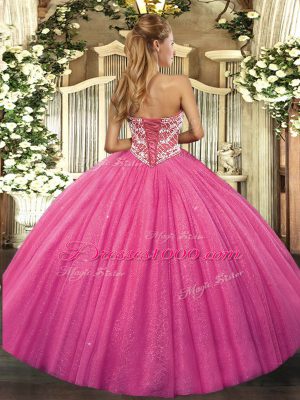 Sweetheart Sleeveless Quince Ball Gowns Floor Length Beading Fuchsia Tulle