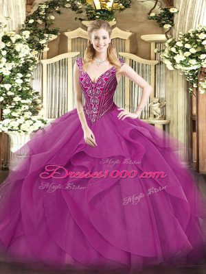 Modest V-neck Sleeveless Tulle Ball Gown Prom Dress Beading and Ruffles Lace Up