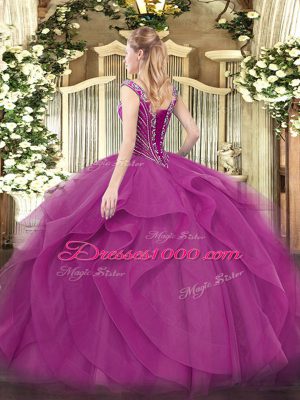 Modest V-neck Sleeveless Tulle Ball Gown Prom Dress Beading and Ruffles Lace Up