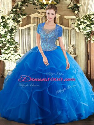 Low Price Sleeveless Floor Length Beading and Ruffles Clasp Handle 15 Quinceanera Dress with Royal Blue