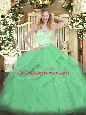 Vintage Floor Length Apple Green Quinceanera Gowns Tulle Sleeveless Lace and Ruffles