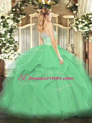 Vintage Floor Length Apple Green Quinceanera Gowns Tulle Sleeveless Lace and Ruffles