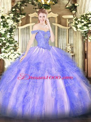 Trendy Lavender Off The Shoulder Neckline Beading and Ruffles Sweet 16 Quinceanera Dress Sleeveless Lace Up