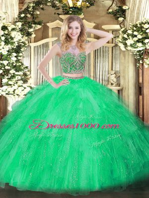 Tulle Scoop Sleeveless Lace Up Beading and Ruffles 15th Birthday Dress in Green
