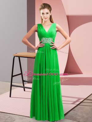Chic Sleeveless Chiffon Floor Length Side Zipper Dress for Prom in Green with Beading and Ruching