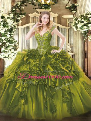 Customized Olive Green Organza Lace Up 15 Quinceanera Dress Sleeveless Floor Length Beading and Ruffles