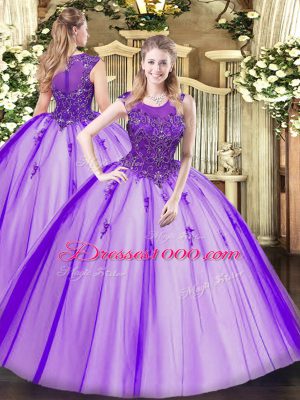 Sleeveless Tulle Floor Length Zipper Vestidos de Quinceanera in Purple with Beading