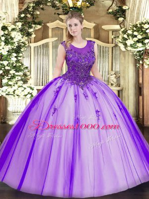 Sleeveless Tulle Floor Length Zipper Vestidos de Quinceanera in Purple with Beading