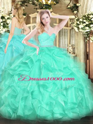 Turquoise Quinceanera Dresses Military Ball and Sweet 16 and Quinceanera with Beading and Lace and Ruffles Sweetheart Sleeveless Zipper